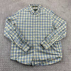 Eddie Bauer Shirt Men Large L Yellow White Blue Checkered Button Down Relaxed